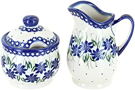 Blue Rose Polish Pottery - Blue Sierra Cream & Sugar Set - 12 oz Creamer - Hand-Painted Polish Pottery Ceramic Creamer & Sugar Bowl with Lid by BlueRosePottery