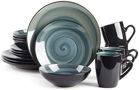 HomeVss, Stoneware Sonoma 16pc Dinnerware Set, Black + Speckled Spin Wash Blue by HomeVSS