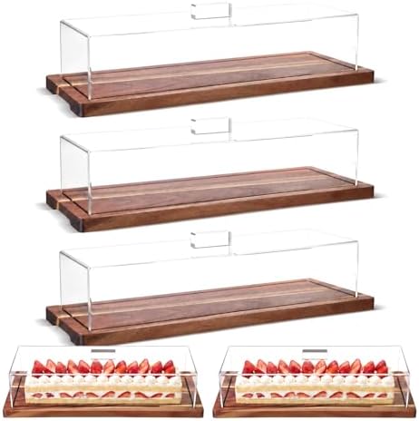 Mifoci 3 Pack Acacia Wood Cake Stand Serving Tray with Acrylic Lid, 15 x 6 x 4 Inches Charcuterie Table Display Set, Dessert Serving Tray Set for Bakery, Buffet, Home Party & Restaurant by Mifoci