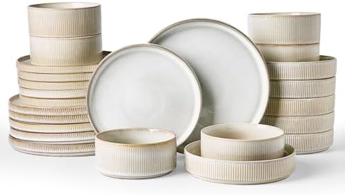 Famiware Star Stoneware Dinnerware Sets with Pasta Bowls, 24pc Dishes for 6 by Famiware