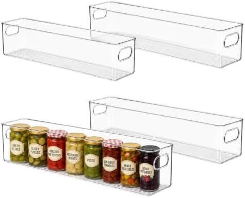 primebox Plastic Food Storage 4 Pack Clear Container Bin with Handles for Organizing Kitchen, Pantry, Refrigerator, Freezer, Pantry, Cabinet, Closet, Bathroom. 20”x4”x5” by primebox