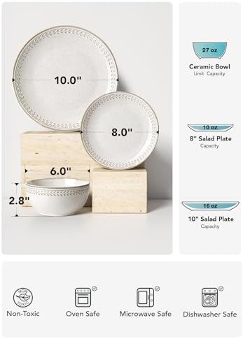 LE TAUCI 24 Piece Dinnerware Sets for 8, Large Plates and Bowls Sets, Ceramic Dishes Set for 8, Modern Stoneware Tableware, Chip Resistant, Ideal for Hosting, Reactive Beige (8"&10" Plate, 27oz Bowl) - Image 3
