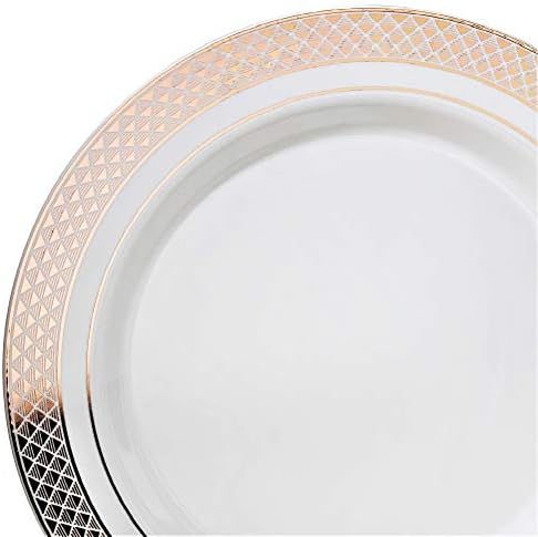 OCCASIONS 100 Plates Pack,(50 Guests) Heavyweight Premium Wedding Party Disposable Plastic Plates Set -50 x 10.5'' Dinner + 50 x 7.5'' Salad/Dessert (Celebration White & Rose Gold) - Image 2