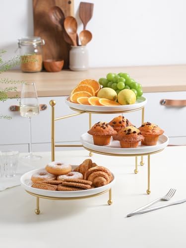Kanwone 3 Tiered Serving Stand with White Porcelain Plates, 10.3" Round Tray, Dessert Table Display Set, Gold Metal Stand, Versatile & Durable - Image 5