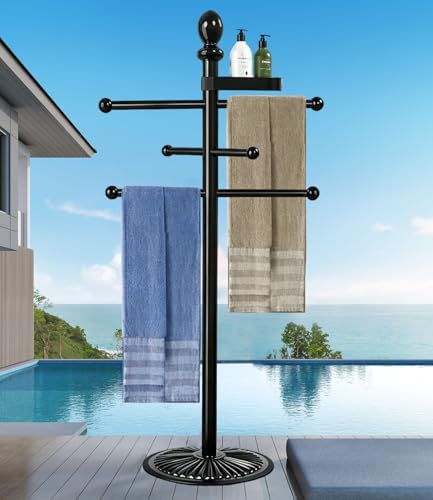 Pool Outdoor Towel Rack, 6 Bars with Top Tray Metal Heavy Duty Pool Accessories with Heavy Metal Base, Hot Tub Accessories Towel Dying Rack Towel Stand for Pool, Hot Tub etc by Sinyzope