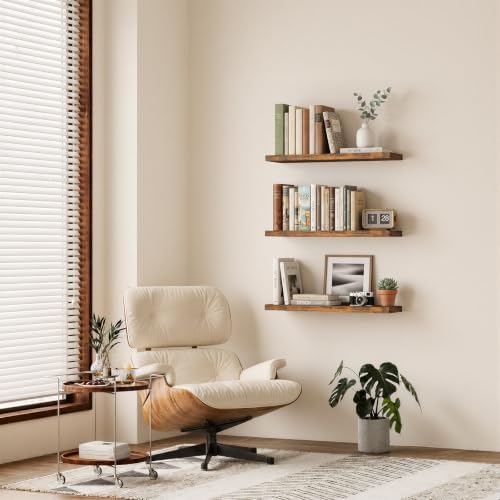 BAYKA Rustic Brown Floating Shelves 35.4in, Set of 3, Wall Mount Wood Shelf - Image 2