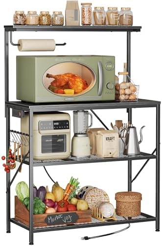 Huuger 4-Tier Bakers Rack with Reversible Power Outlet, 31.5 Inch Microwave Stand, Kitchen Coffee Bar, with Top Shelf, 6 S Hooks, Black by Huuger