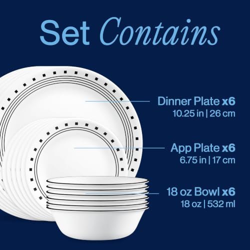 Corelle Vitrelle 18-Piece Service for 6 Dinnerware Set Triple Layer Glass and Chip Resistant, Lightweight Round Plates and Bowls Set, City Block - Image 3