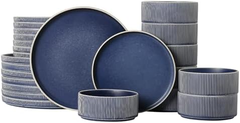 Stoneware Dinnerware Sets for 8, 24Pcs Plates and Bowls Set, Matte Blue by ALOFMO