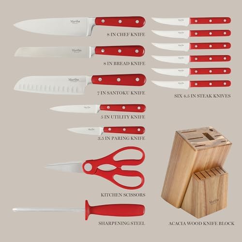 MARTHA STEWART Eastwalk 14 Piece High Carbon Staineless Steel Cutlery Knife Block Set w/ABS Triple Riveted Forged Handle Acacia Wood Block - Red - Image 3