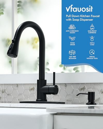 VFAUOSIT Kitchen Faucet with Pull Down Sprayer, Black, with Soap Dispenser - Image 2
