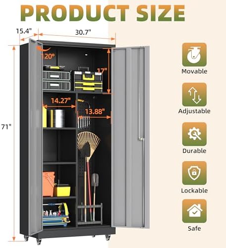 71''H Metal Garage Storage Cabinet with Wheels, Broom Cabinet with Lock - Image 3