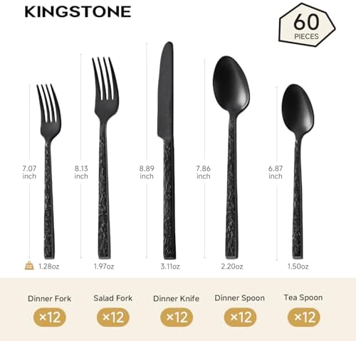60 Pcs Black Hammered Silverware Set for 12, 18/10 Stainless Steel Flatware - Image 2