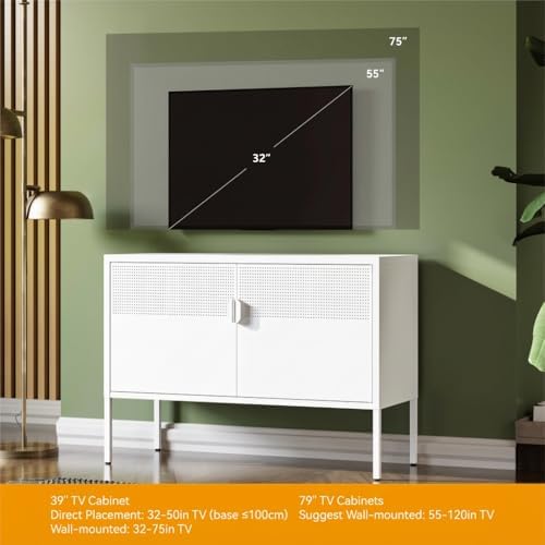 COFaR TV Stand for TVs up to 75 Inch, 40''L Media Console with Ventilation Doors, Metal Entertainment Center with Adjustable Shelves & 120Lbs Storage for Living Room & Bedroom, White - Image 5