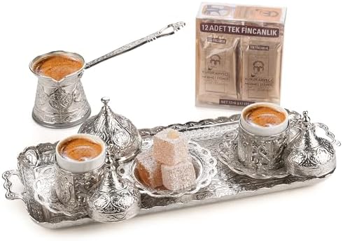 Alisveristime Premium Turkish Coffee Set - 12-Person Turkish Coffee, Cezve, 2-Person Cups, Delight Bowl, and Tray (4 Colors) (Silver) by Alisveristime