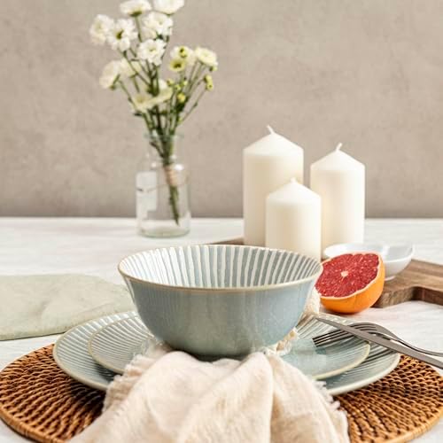 Bzyoo 12-Piece Reactive Blue Ceramic Dinnerware Set Bali Breeze Blue Elegant Table Setting for Every Occasion - Microwave & Dishwasher Safe Stackable - Image 4