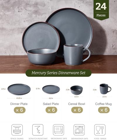 Famiware Mercury 24-Piece Dinnerware Set with Mugs, Charcoal - Image 2