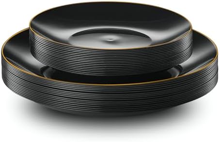 PLASTICPRO 64 Piece Combo Plate Set includes 32-7'' inch & 32-10'' inch Dinner Plates Black Plastic With Gold Rim Design Party Plates, Premium heavyweight Elegant, Disposable Plastic Construction - Image 6