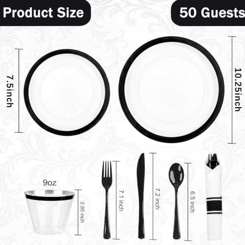 I00000 350Pcs Black Plastic Dinnerware Set,Disposable Plates for 50 Guests - Image 3