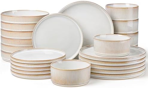 LIANYU 24 Piece Stoneware Plates and Bowls Dishes Set for 6, Dinnerware Sets with Pasta Bowls, Ribbed Dining Ware Dishware for Home Wedding, Microwave and Dishwasher Safe, Dawn Beige by LIANYU