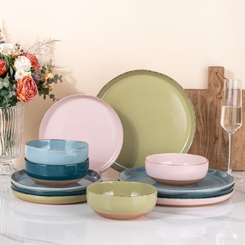 AmorArc Dinnerware Sets for 4, 12 Pieces Ceramic Plates and Bowls Set by AmorArc