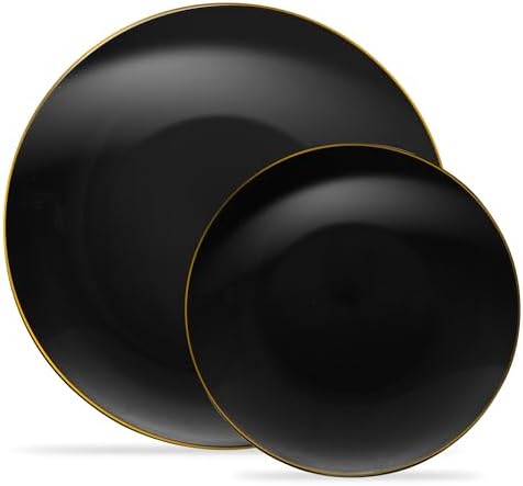 PLASTICPRO 64 Piece Combo Plate Set includes 32-7'' inch & 32-10'' inch Dinner Plates Black Plastic With Gold Rim Design Party Plates, Premium heavyweight Elegant, Disposable Plastic Construction by PLASTICPRO