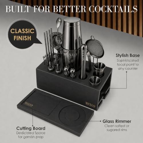 Mixology Bartender Kit - 22Pcs Bar Set Cocktail Shaker Set w Black Bar Cart Accessories Stand - Shakers Bartending Gun Metal Black Tools, 24oz Shaker, 17 Recipe Cards, Martini Barware - Image 2