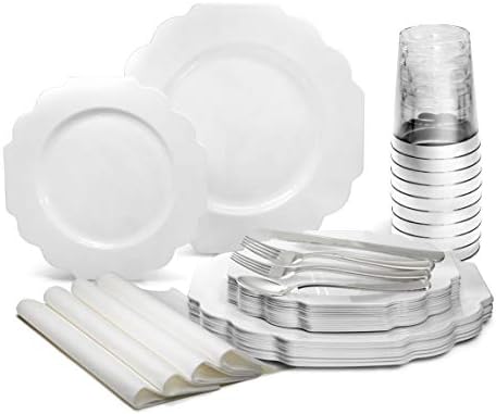 " OCCASIONS " 200 Piece set (25 Guests)-Wedding Plastic Plates & cutlery -Disposable heavyweight Dinnerware 10.5'', 8'' + Silverware + 10oz Cups + Napkins (Imperial in White) by OCCASIONSFINESTPLASTICTABLEWARE