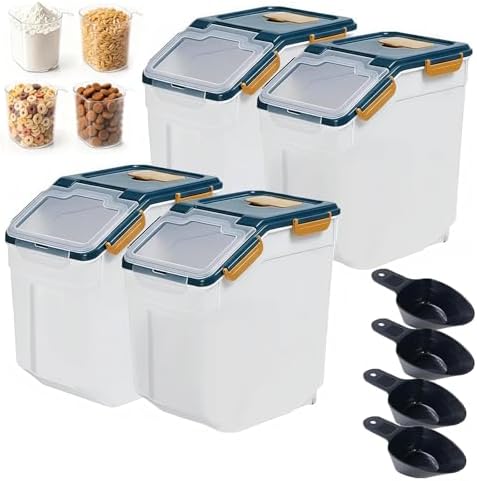 RUIAN Large Airtight Storage Container,25lb Flour Rice Storage Containers Bin with Wheels Seal Locking Lid, with Measuring Cup&Scoop for Flour, Rice, Grain (25lbt Blue,4PCS) by RUIAN