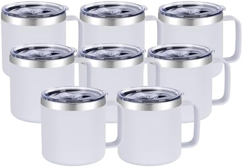 VEGOND 14 oz Insulated Coffee Mug Bulk with Handle, Stainless Steel Travel Coffee Mug with Lid, Double Wall Vacuum Metal Coffee Cup, Coffee Tumbler Powder Coated, White 8 Pack by VEGOND