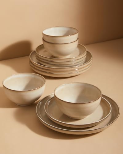 Pokini Stoneware Dinnerware Sets for 4, 12pcs Plates and Bowls Sets Dishes by Pokini
