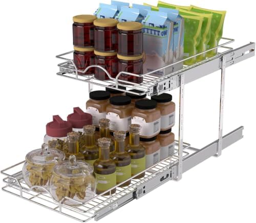 OCG 2 Tier Pull Out Cabinet Organizer (12.5" W x 21" D), Pull Out Drawers for Kitchen Cabinets, Pull Out Shelves for Base Cabinet Organization in Kitchen Bathroom Pantry, Chrome Finish by OCG