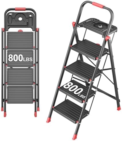 4 Step Foldable Step Ladder with Mutifunctional Tool Tray, Platform Ladders Stepstools, Step Stool 4 Step Folding with Non-Slip Pedals, 800lbs Bearing Capacity for Adults, Home, Kitchen, Black Red by DIAMONDFORGE