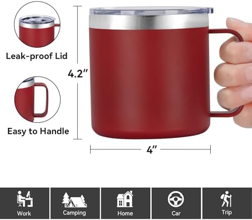 VEGOND 14 oz Insulated Coffee Mug Bulk with Handle, Stainless Steel Travel Coffee Mug with Lid, Double Wall Vacuum Metal Coffee Cup, Coffee Tumbler Powder Coated, Red 8 Pack - Image 3