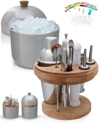 Gusto Nostro Cocktail Set Bartender Kit with Stainless Steel Ice Bucket - Complete Mixology Bar Tool Set with Wooden Organizer, Cocktail Shaker, Jigger, Muddler, Spoon, Tongs, Pourers, Recipe Cards by GustoNostro