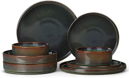 LIANYU Dinnerware Sets with Pasta Bowls, 8 Piece Ribbed Dinnerware Plates and Bowls Set for 2, Elegant Modern Stoneware Dishes Set for Kitchen Dining, Microwave and Dishwasher Safe, Jungle Green by LIANYU