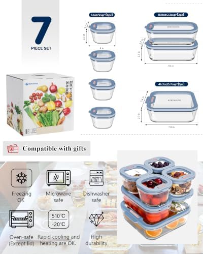 7-Pack Glass Food Storage Containers with Tempered Lids – Borosilicate, Airtight, Oven-Safe (-4°F~950°F), BPA-Free, 1Cup*4 & 2.3Cup*2 & 5.7Cup*1(Light blue) - Image 5