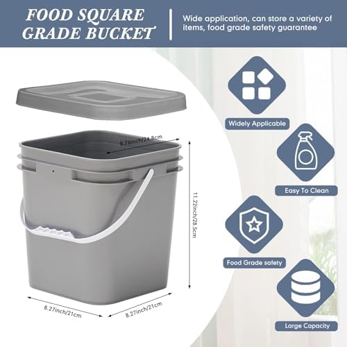 Mumufy 8 Pcs 3.5 Gallon Square Food Grade Bucket with Lid, Gray - Image 2