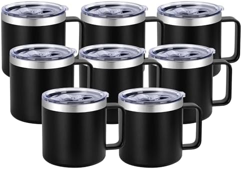 VEGOND 14 oz Insulated Coffee Mug Bulk with Handle, Stainless Steel Travel Coffee Mug with Lid, Double Wall Vacuum Metal Coffee Cup, Coffee Tumbler Powder Coated, Black 8 Pack by VEGOND