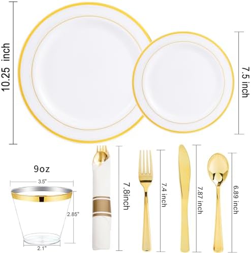 WELLIFE 700 Pcs Gold Plastic Plates for 100 Guests - Disposable Dinnerware Set,Party Supplies Includes 200 Gold Plates,300 Plastic Silverware,100 Napkins,100 Cups for Party and Wedding - Image 2