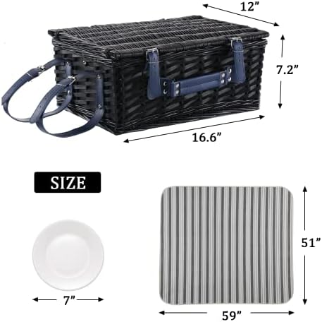 Wicker Picnic Basket for 4 with Blanket Grey & White Stripe - Image 3