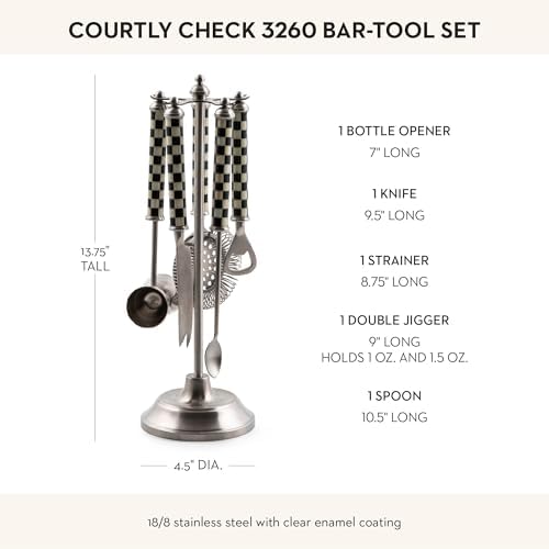 MACKENZIE-CHILDS 3260 Bar-Tool Set, Black-and-White Courtly Check - Image 4