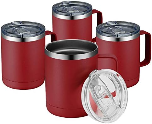 MEWAY 12oz Coffee Mug With Handle 4 Pack Bulk,Stainless Steel Insulated Travel Tumblers With Sliding Lid,Double Wall Vacuum Camping Cup for Hot & Cold Drinks Tea (Red,Set of 4) by MEWAY