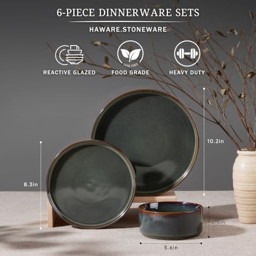 HaWare Dinnerware Sets, Plates and Bowls Set for 2, Reactive Pine Green - Image 2