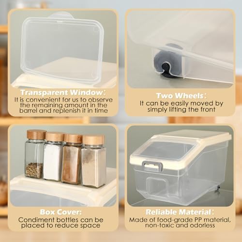 Sunnyray 4 Pcs Flour Storage Containers Rice Bin with Wheels, Beige, 22 lb - Image 3