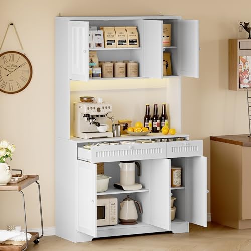 BORNOON Pantry Cabinet with Charging Station and Light, Tall Kitchen Pantry Storage Cabinet with Microwave Stand, Wide Fluted Kitchen Hutch with Storage Drawers and Adjustable Shelves for Dining Room - Image 3