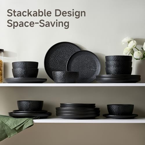 KINGSTONE 24-Piece Hammered Ceramic Dinnerware Sets, Matte Black - Image 6
