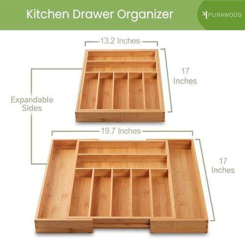 Purawood Bamboo Drawer Organizer, 2 Pack - Expandable Silverware Organizer & Utensil Organizer, Cutlery Tray with Dividers, 7-9 Slots- Premium Kitchen Organizer for Utensils & Flatware (Natural) - Image 2