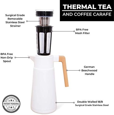 Thermal Coffee Carafe Brews Up to 68 Oz Insulated, Beechwood Handle, White - Image 6