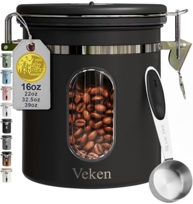 Veken Coffee Canister with Window,Airtight Stainless Steel Compact Jar,16OZ by Veken